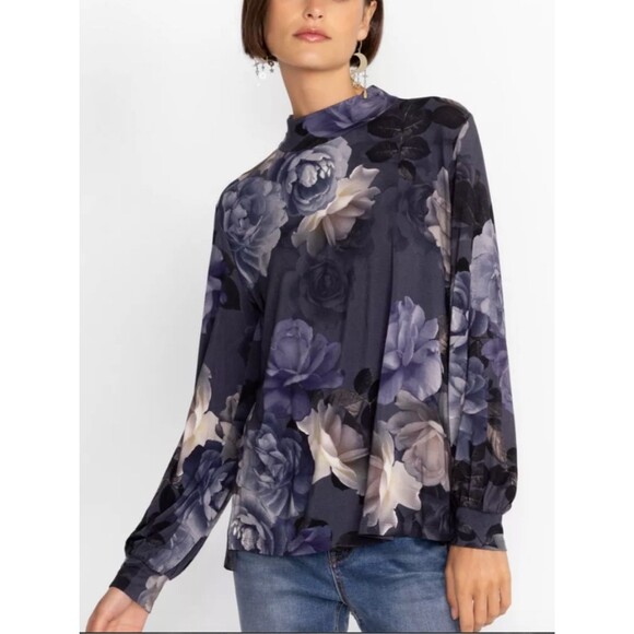 Johnny Was Tops - Johnny Was Janie Favorite Grey Peony Puff Sleeve Mock Neck Top Size XXS Floral